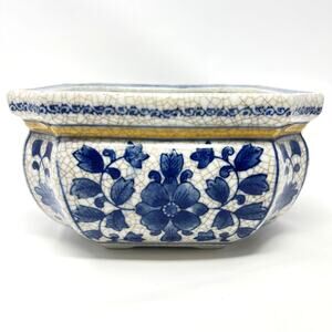 Vintage Blue White Chinoiserie Porcelain Octagonal Planter Cachepot Jardiniere